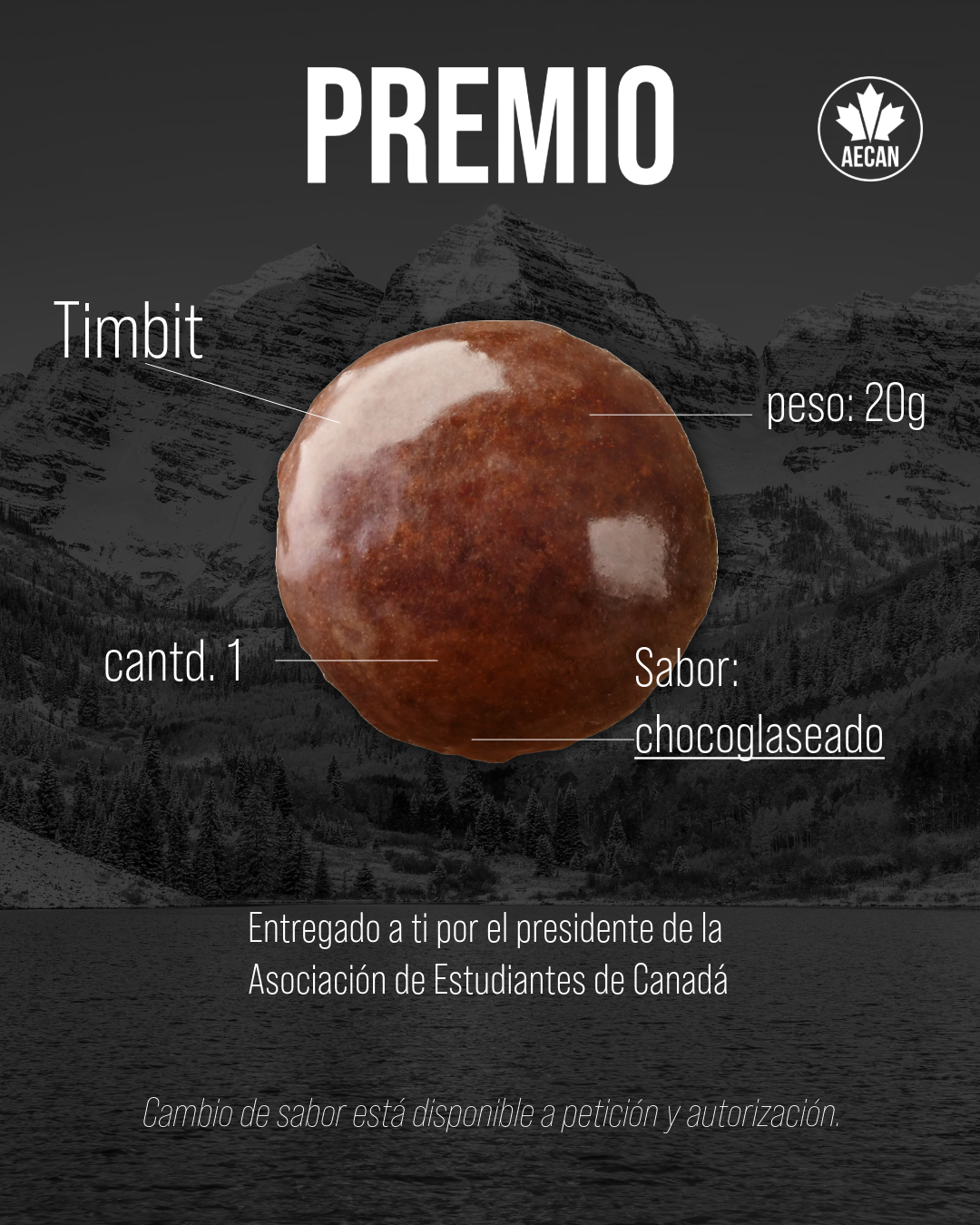 Timbit giveaway graphic: a chocolate-glazed Timbit prize handed out by the AECAN president