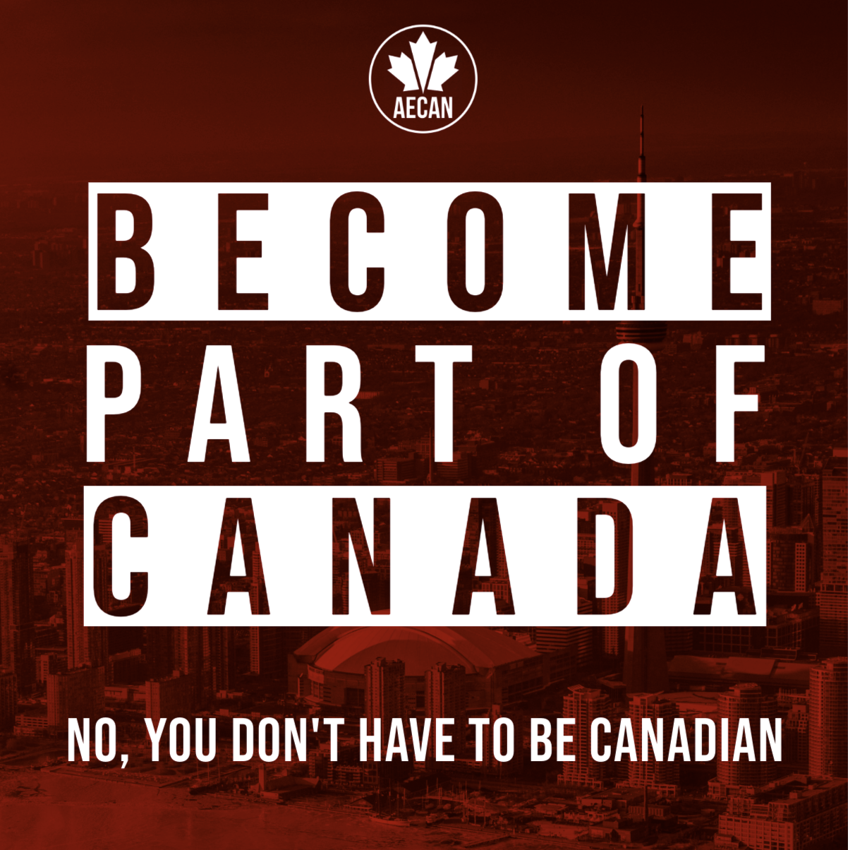 AECAN recruitment graphic: Become part of Canada, No you don't have to be Canadian, over a deep red Toronto skyline