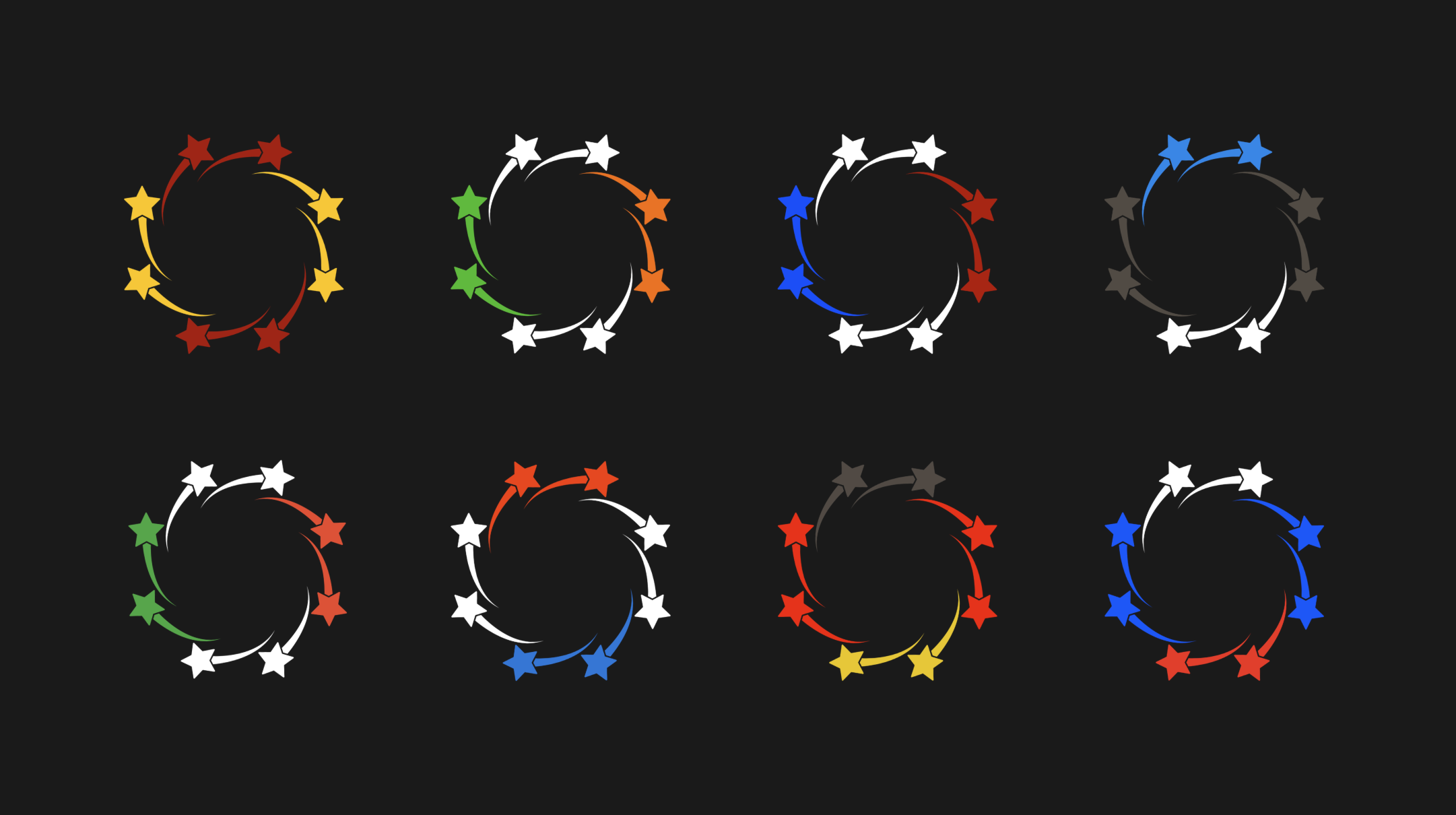 Eight AEEURO star-swirl logo colorways arranged in a grid on black