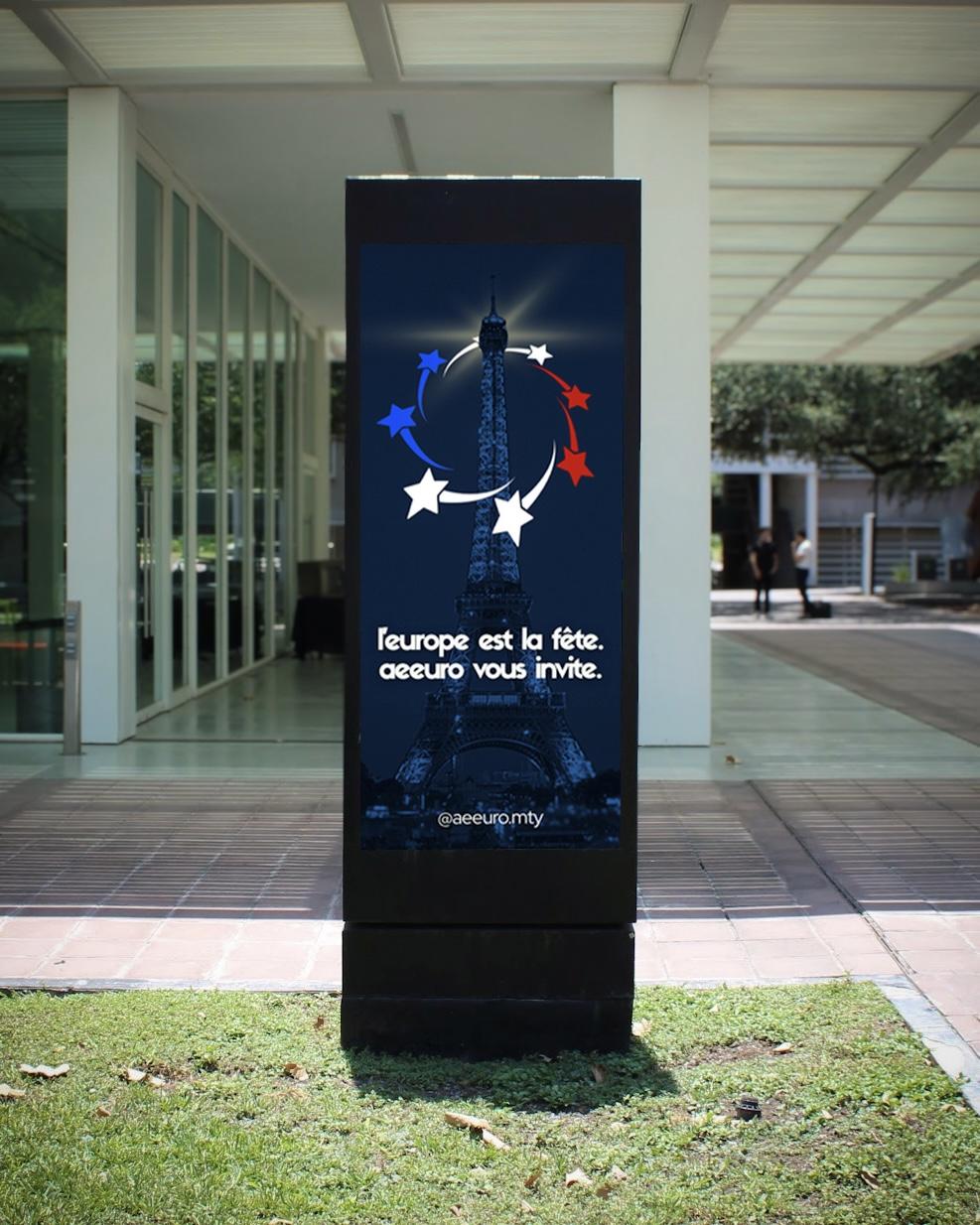 AEEURO France campaign on a digital totem outside a campus building: l'europe est la fête
