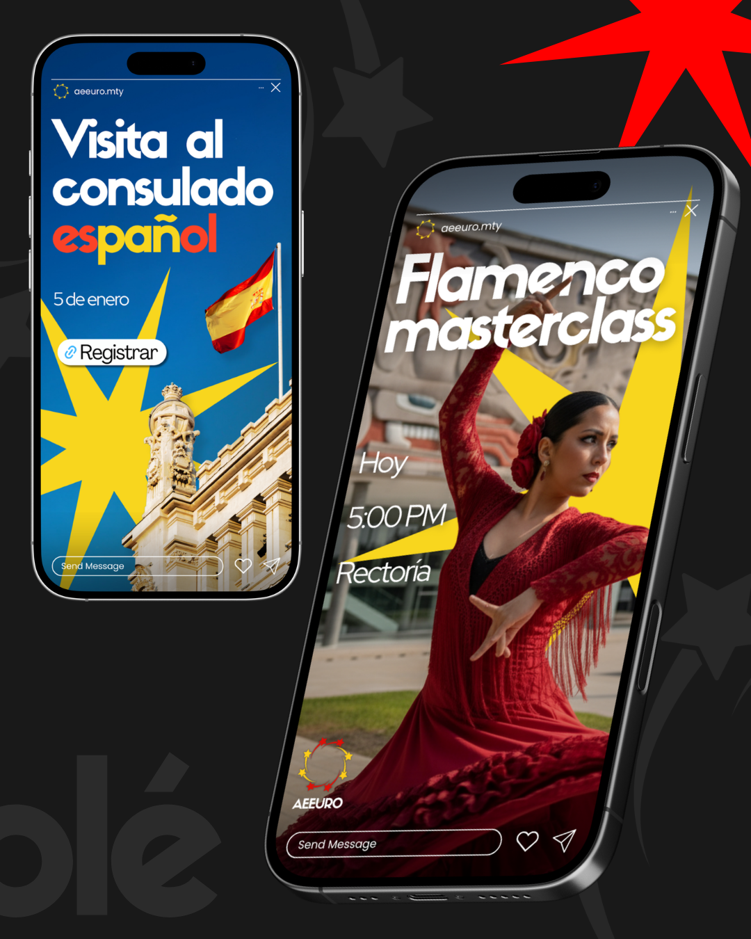 Two phones showing AEEURO event stories: a Spanish consulate visit and a flamenco masterclass