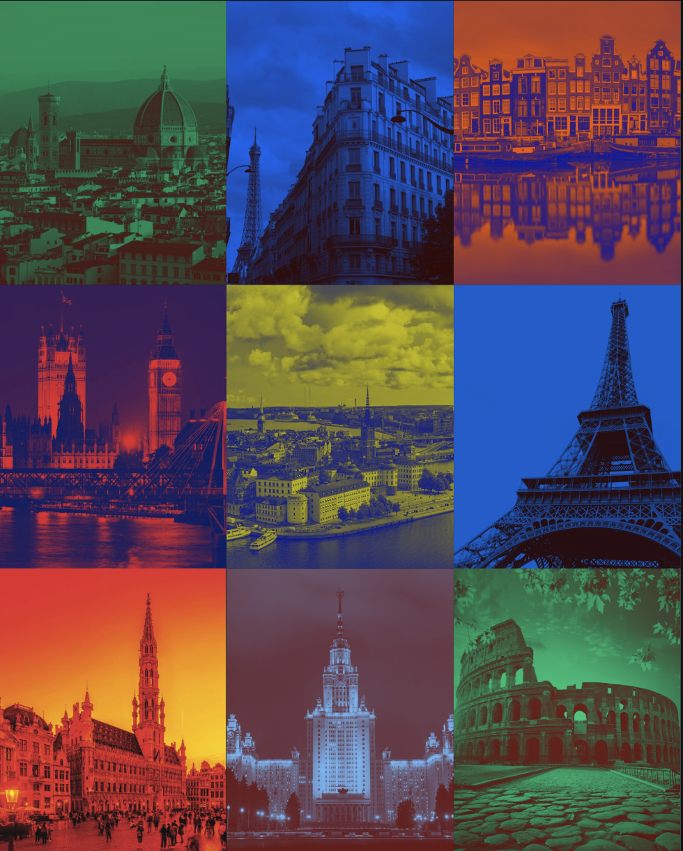 Grid of European cities each tinted in a different AEEURO brand color