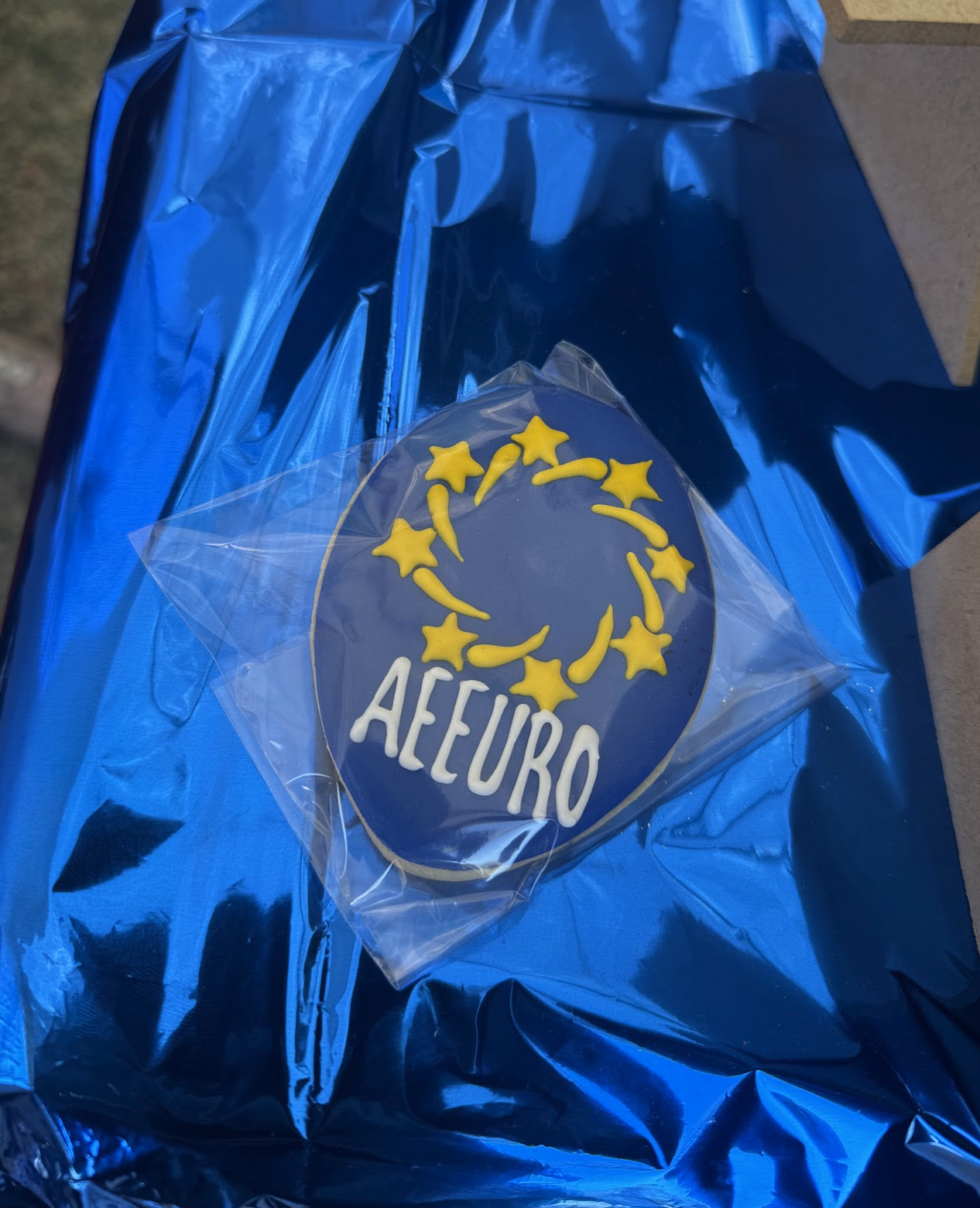 AEEURO logo iced onto a cookie resting on blue foil