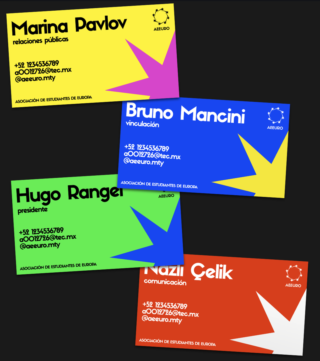 AEEURO board-member business cards, each a different saturated brand color