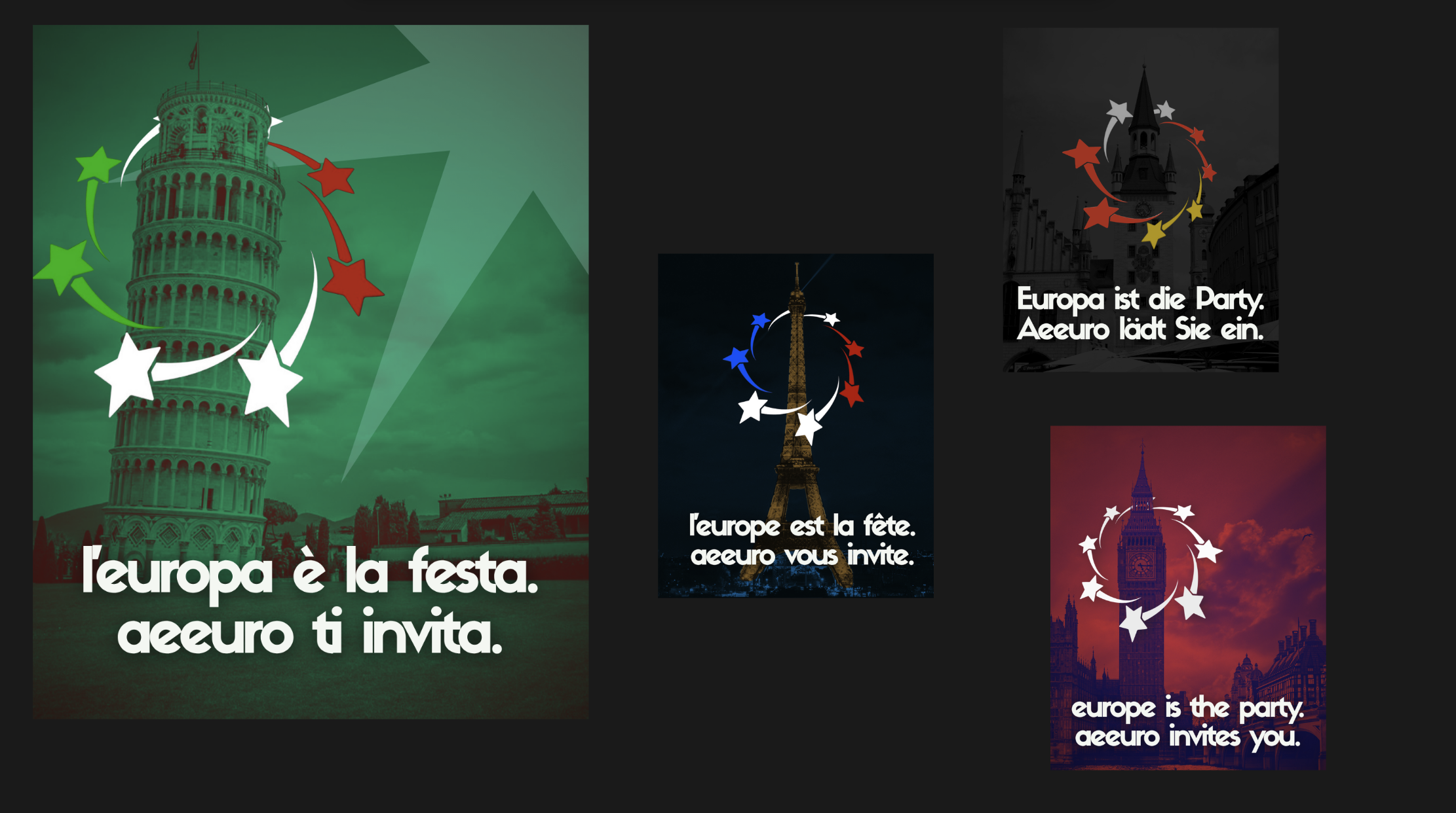 AEEURO campaign posters in four languages, each pairing a European landmark with its national palette