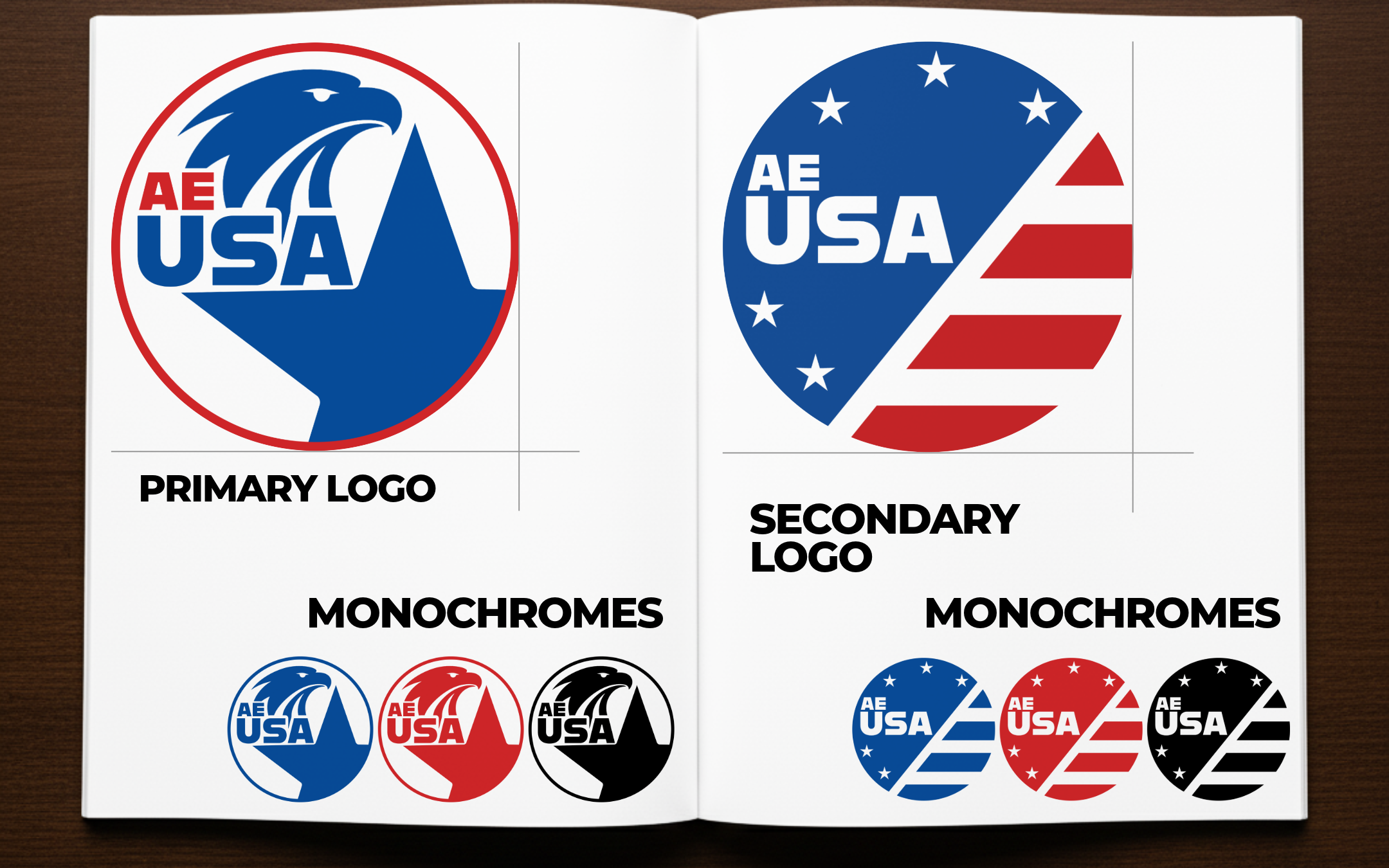 AEUSA logo system: a blue eagle primary mark, a stars-and-stripes secondary mark, and their monochrome variants