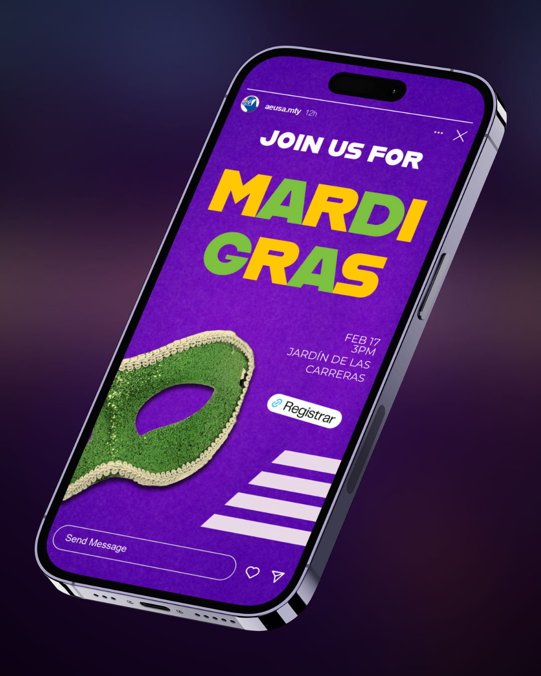 Mardi Gras event story on a phone: a green mask on purple, join us for Mardi Gras