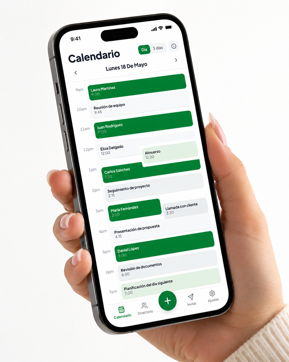 The AgendaLlena calendar held in hand, a green day view of confirmed appointments