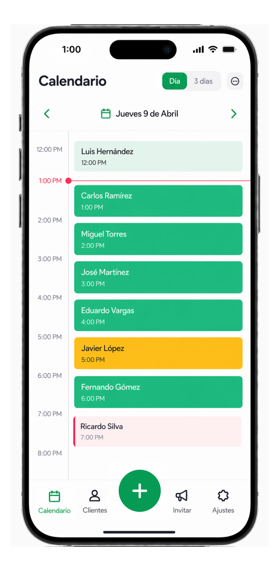 AgendaLlena calendar: a day of appointments color-coded green, amber and red by confirmation status