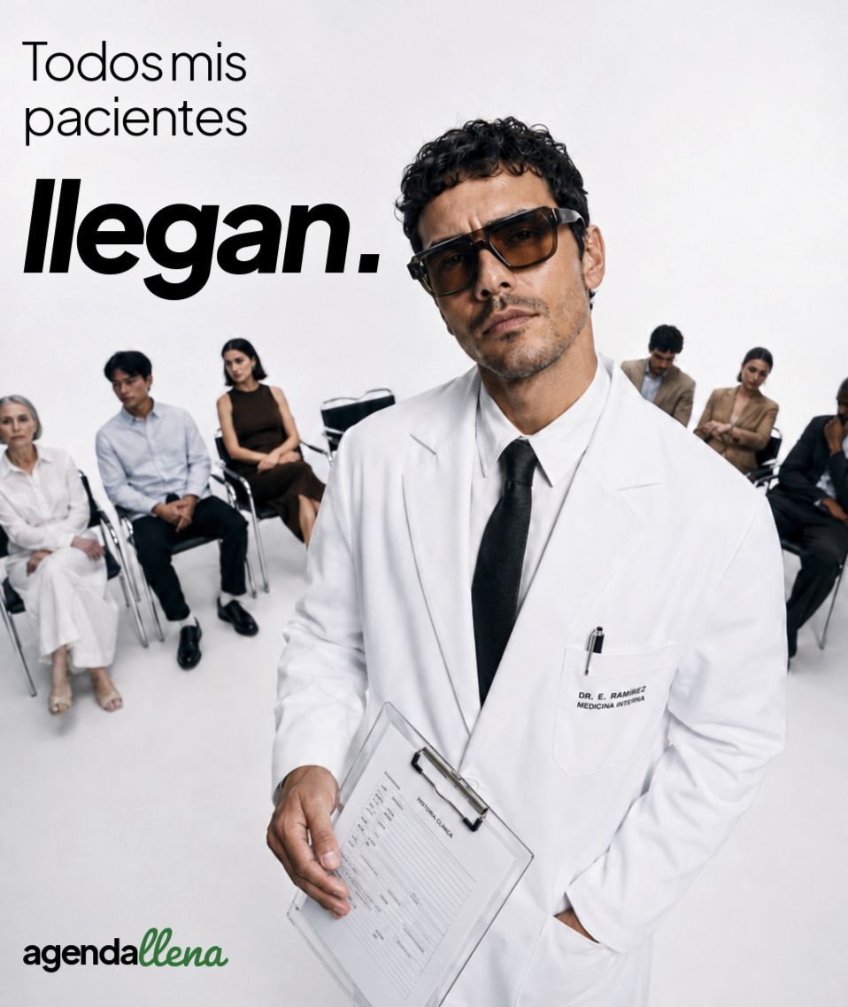Ad: a doctor in a full waiting room, captioned Todos mis pacientes llegan