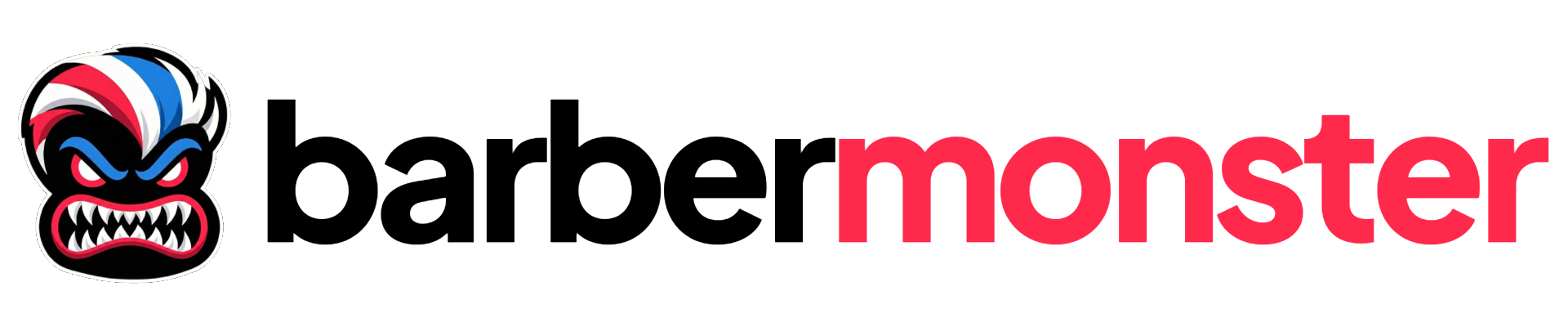 BarberMonster horizontal logo lockup: the snarling mascot beside the barbermonster wordmark