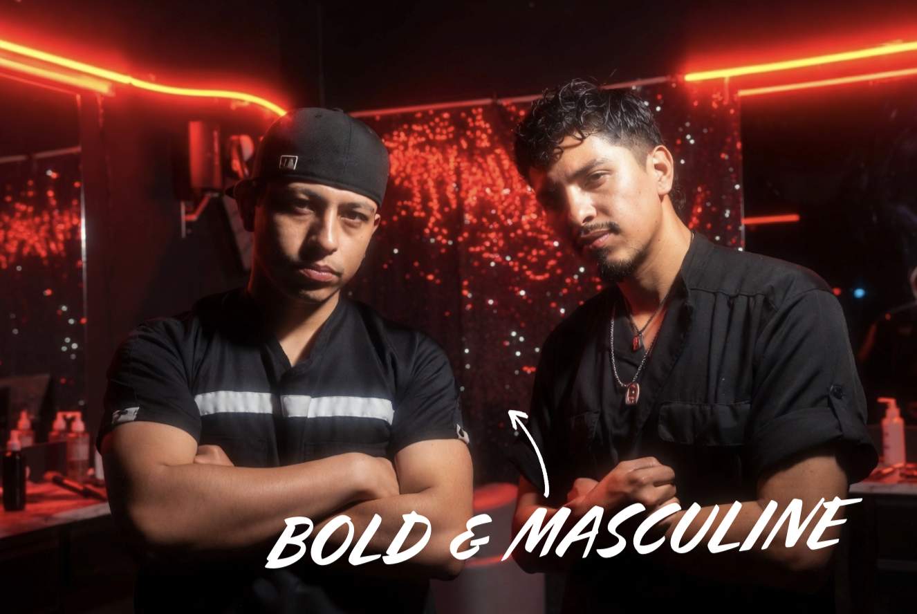 Brand moodboard: two men in a red-lit barbershop, captioned Bold & Masculine