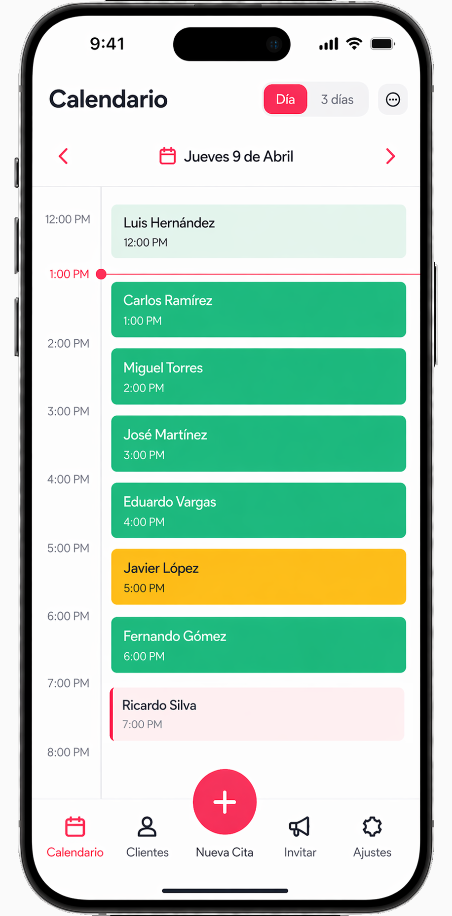 BarberMonster calendar app: a day of appointments color-coded by confirmation status
