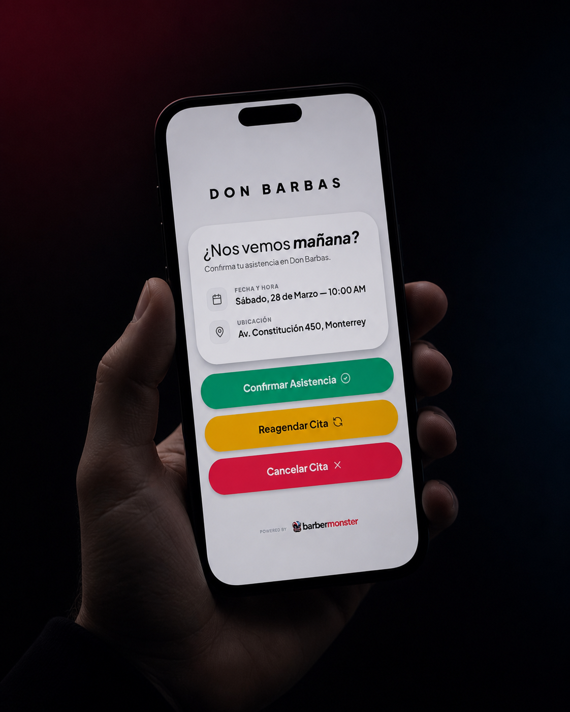 Client confirmation screen for a Don Barbas appointment: confirm, reschedule or cancel