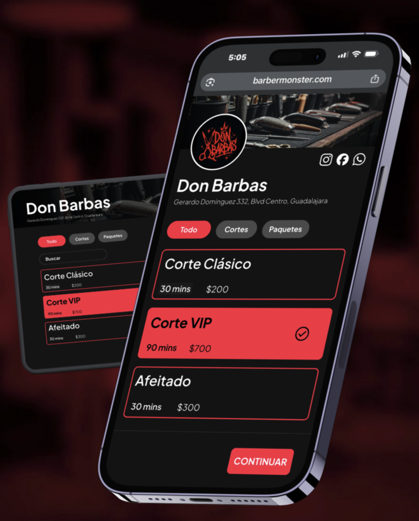 Don Barbas public booking page on barbermonster.com: picking a service between Corte Clásico, Corte VIP and Afeitado