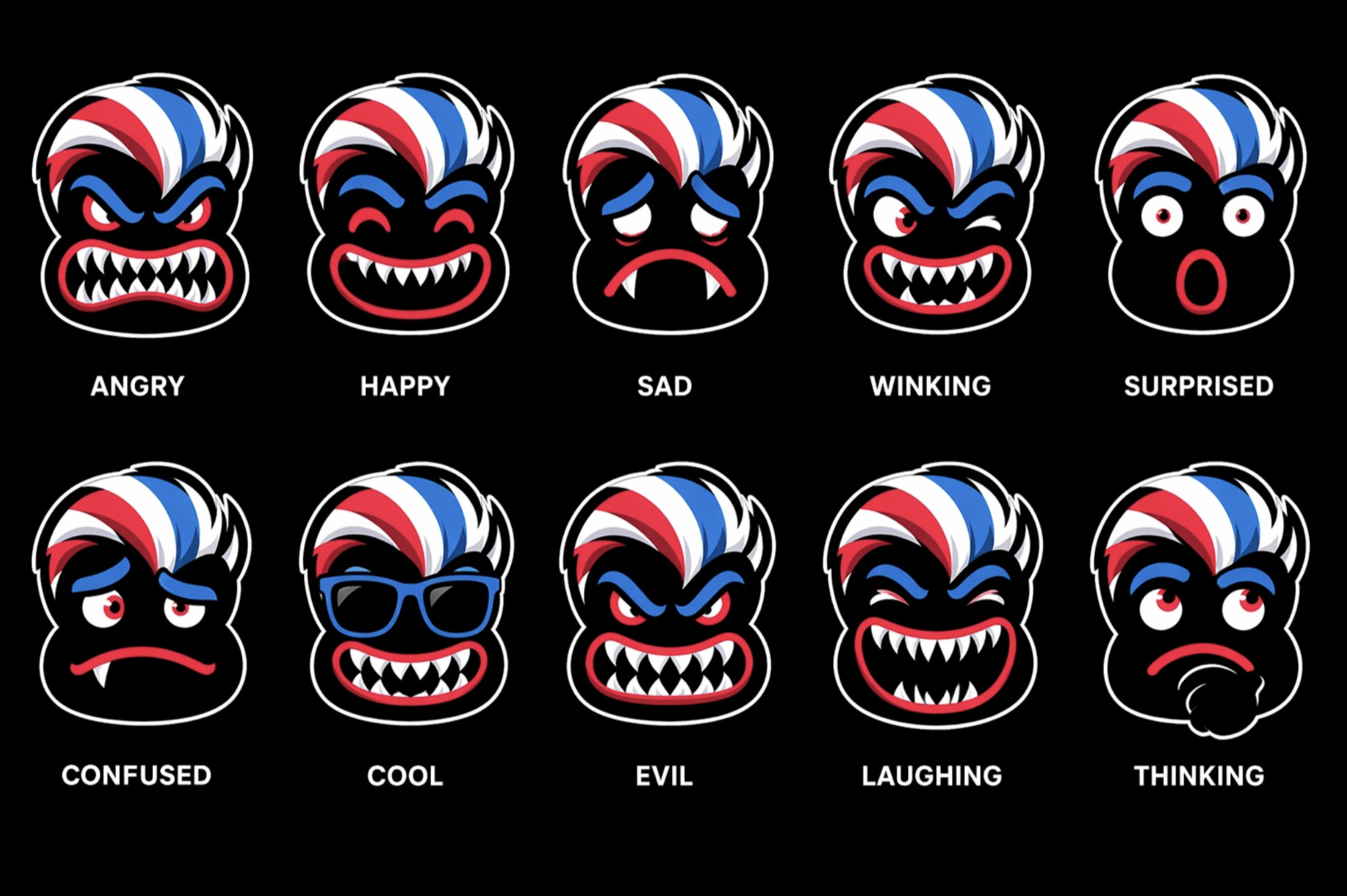 The BarberMonster mascot drawn in ten expressions: angry, happy, sad, winking, surprised, confused, cool, evil, laughing, thinking