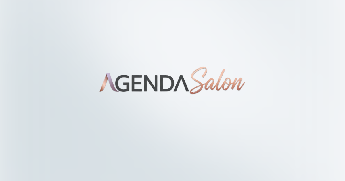AgendaSalon wordmark lockup: AGENDA in a charcoal sans beside Salon in a rose-gold script