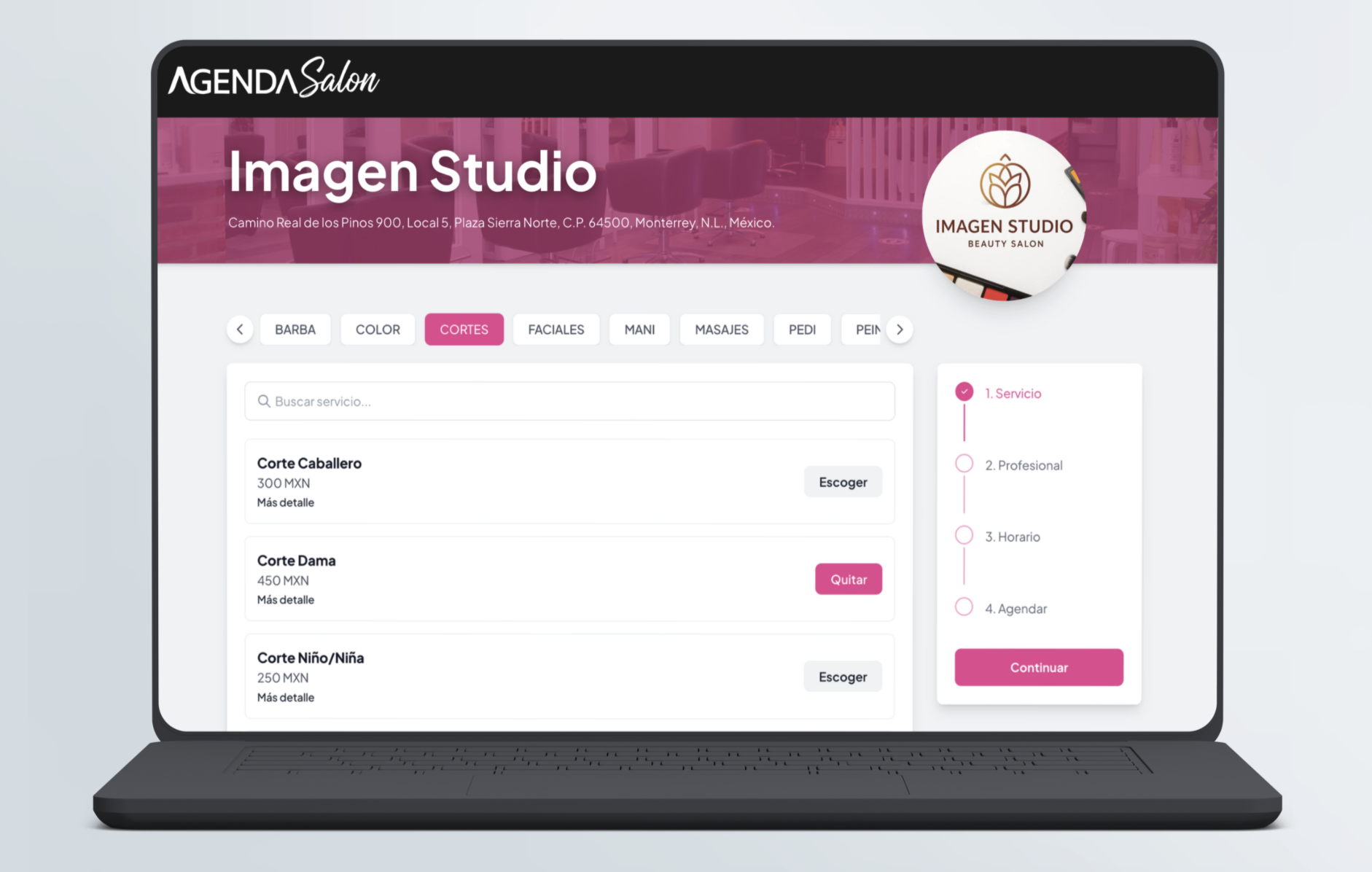 AgendaSalon web booking page for Imagen Studio: a service menu beside a four-step service, professional, time and confirm flow