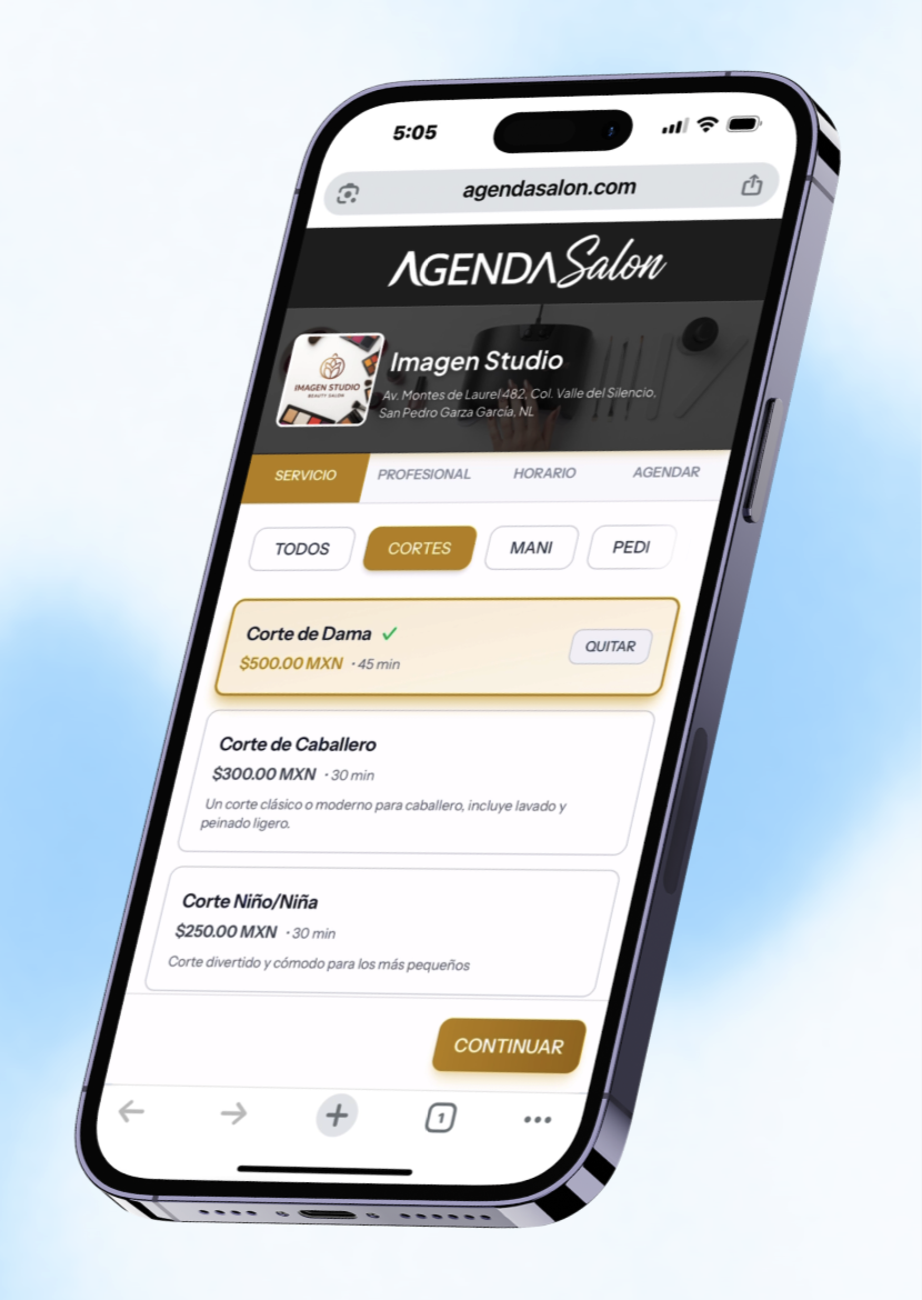 The AgendaSalon booking page on a phone, the salon's services listed under category tabs