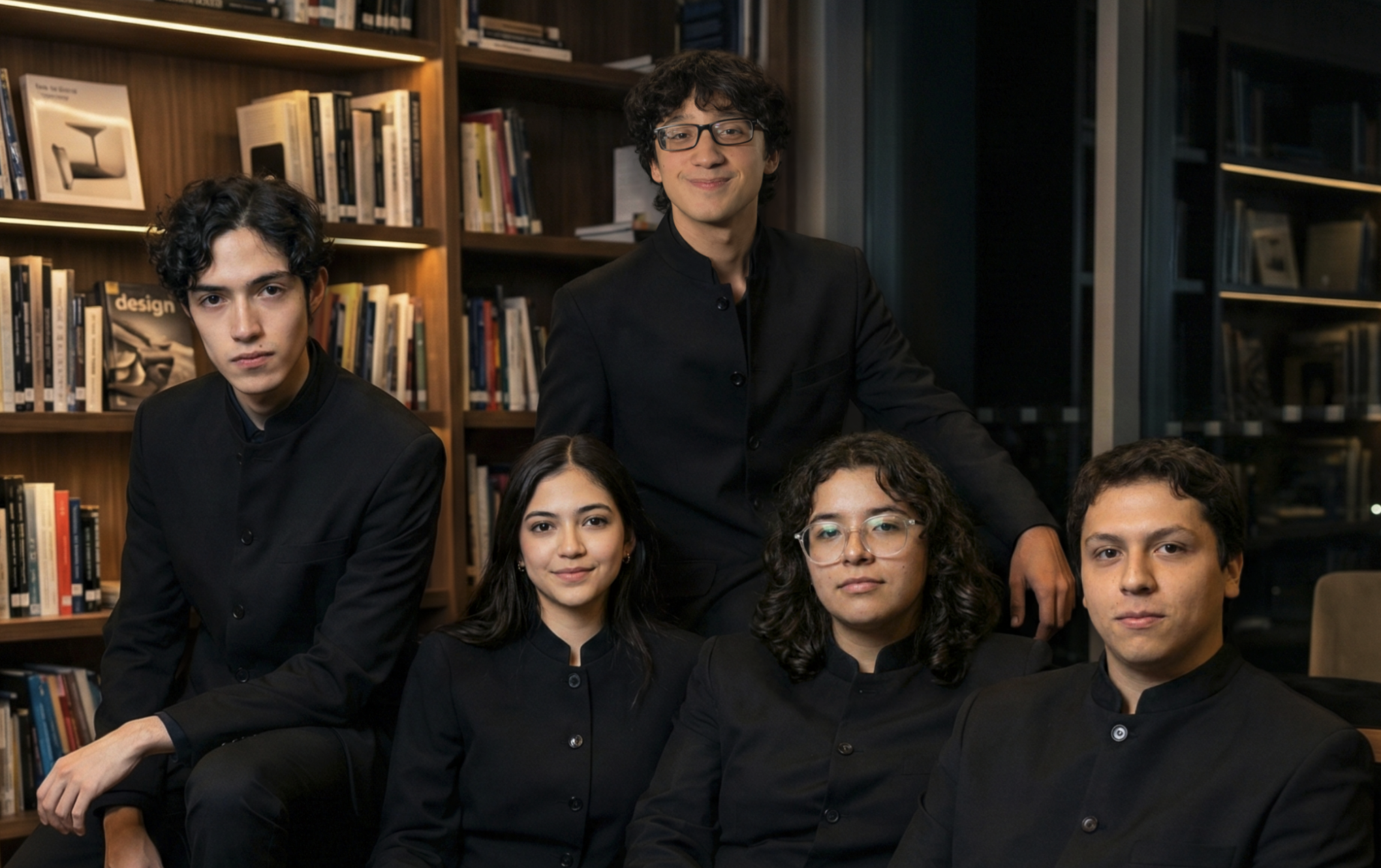 The CREATEC team: five members dressed in black, seated together in a warm, book-lined library