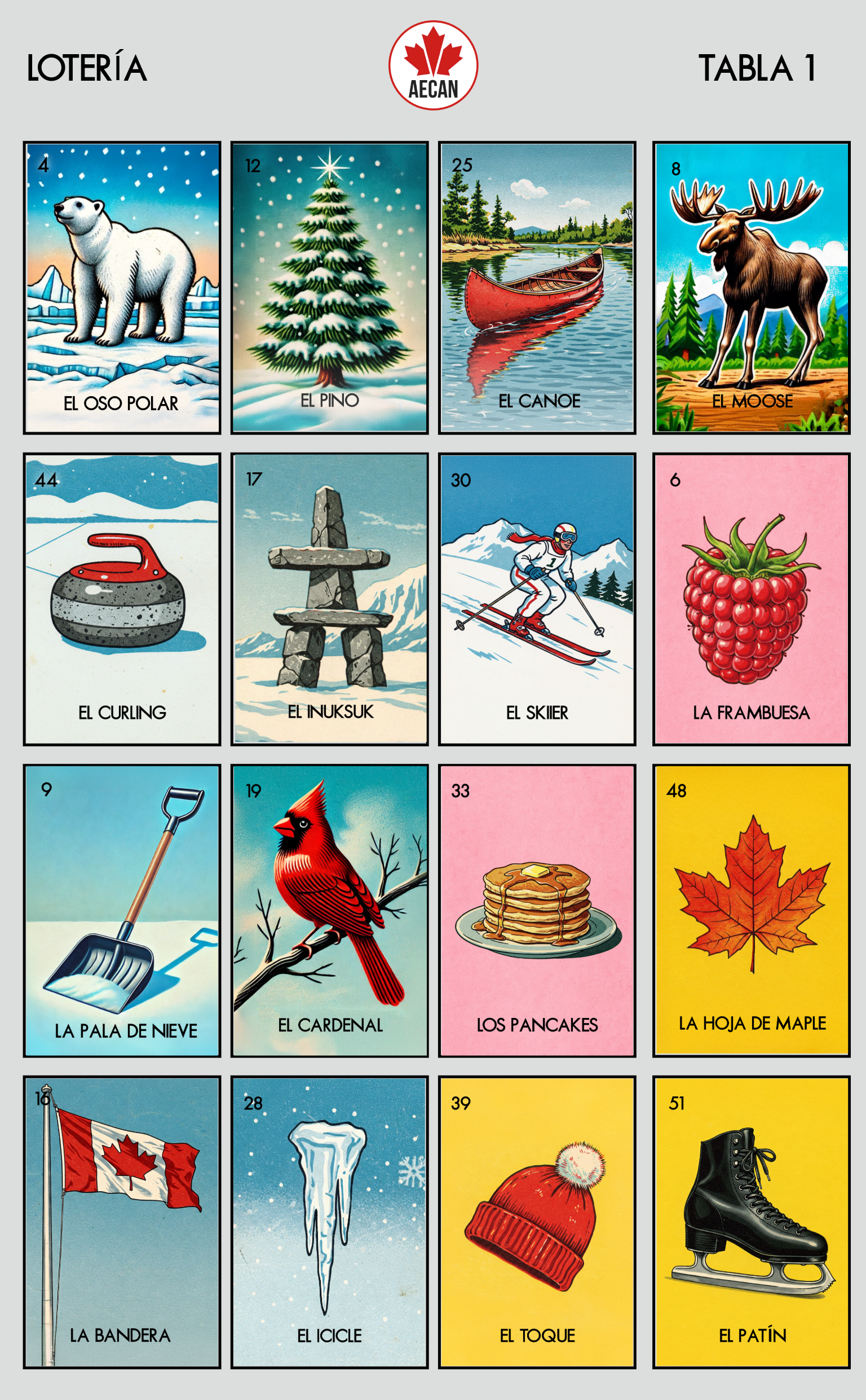 Lotería Canadiense tabla 1: a sixteen-card game board of Canadian icons, from El Oso Polar to El Patín