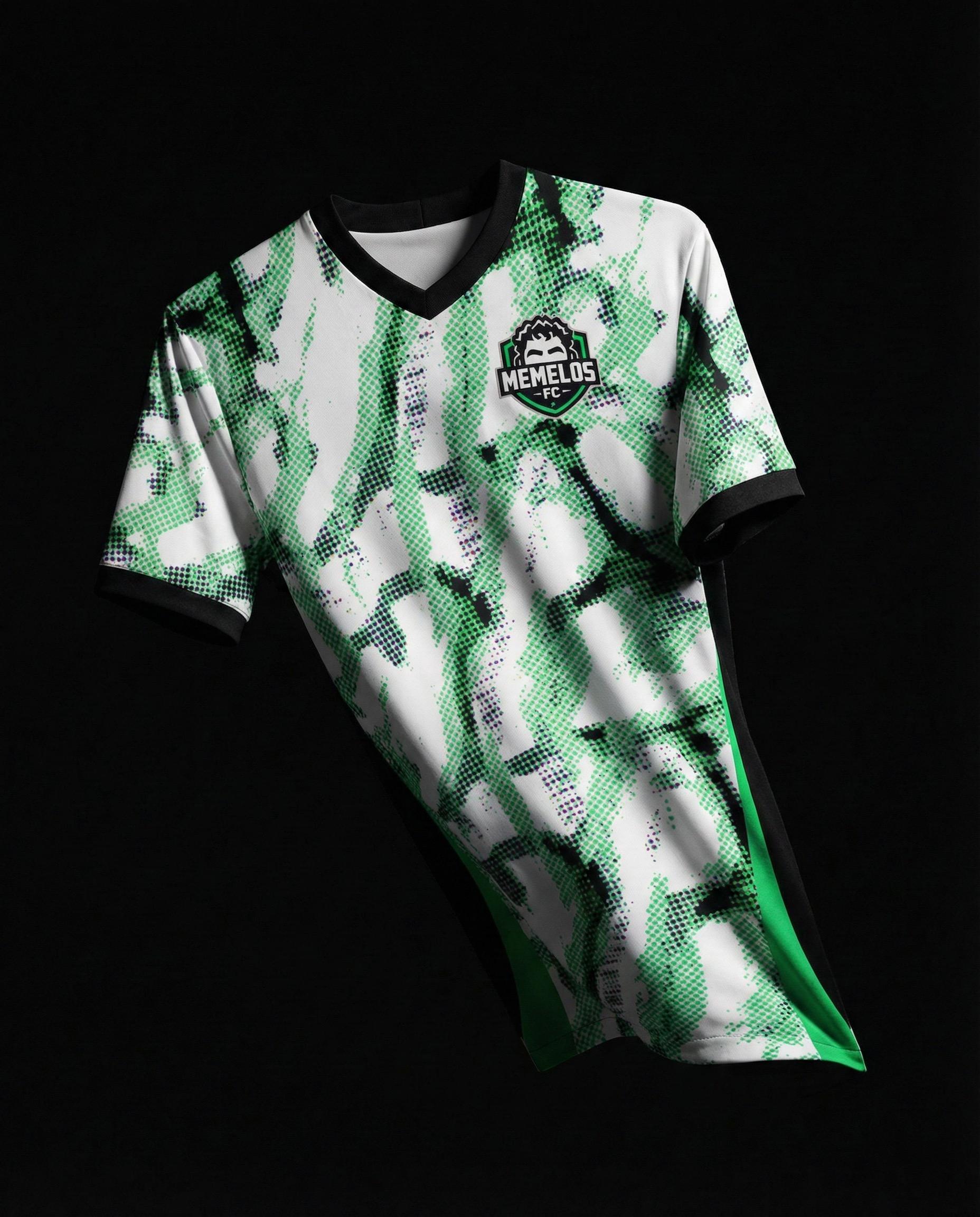 Memelos FC home jersey with green halftone camo pattern on black