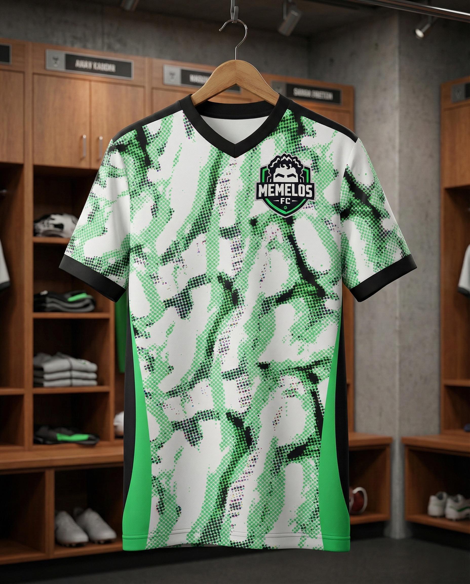 Memelos FC home jersey hanging in a locker room