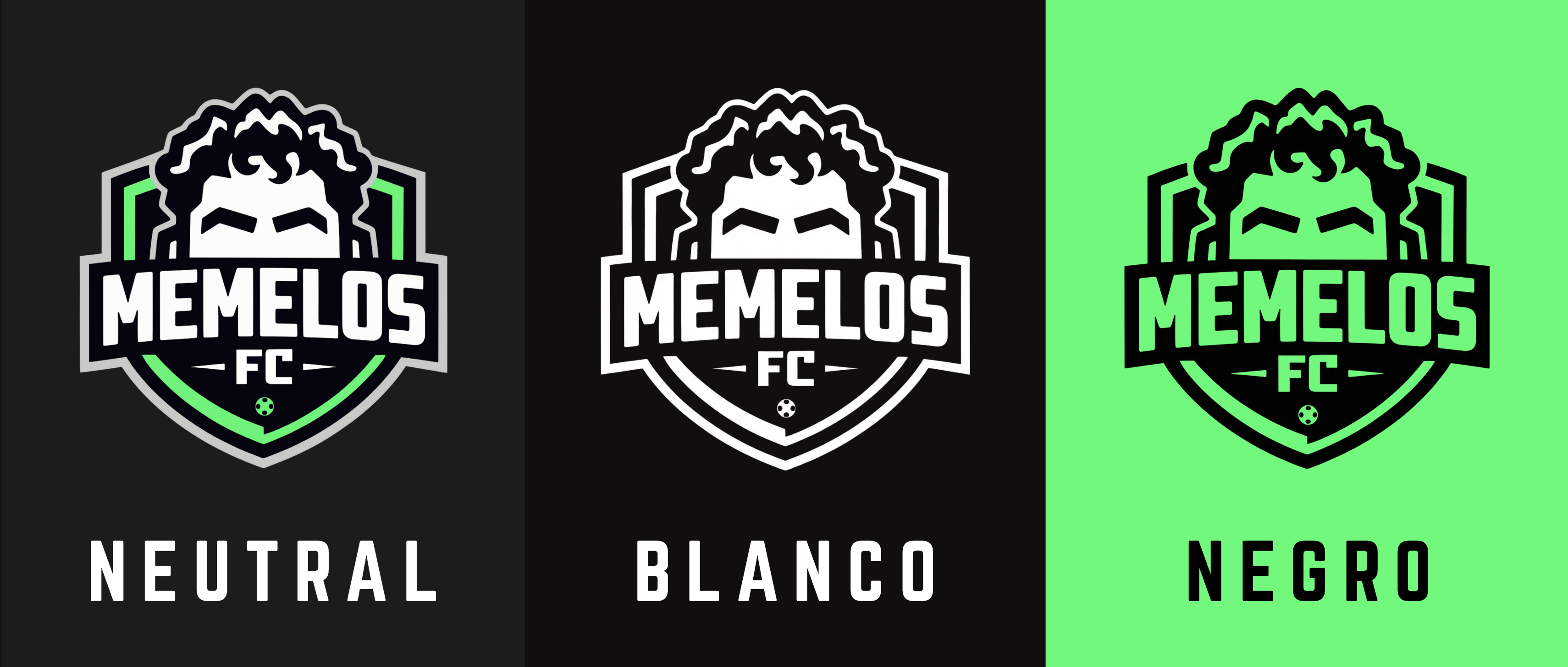 Memelos FC crest in three colorways: neutral, blanco and negro