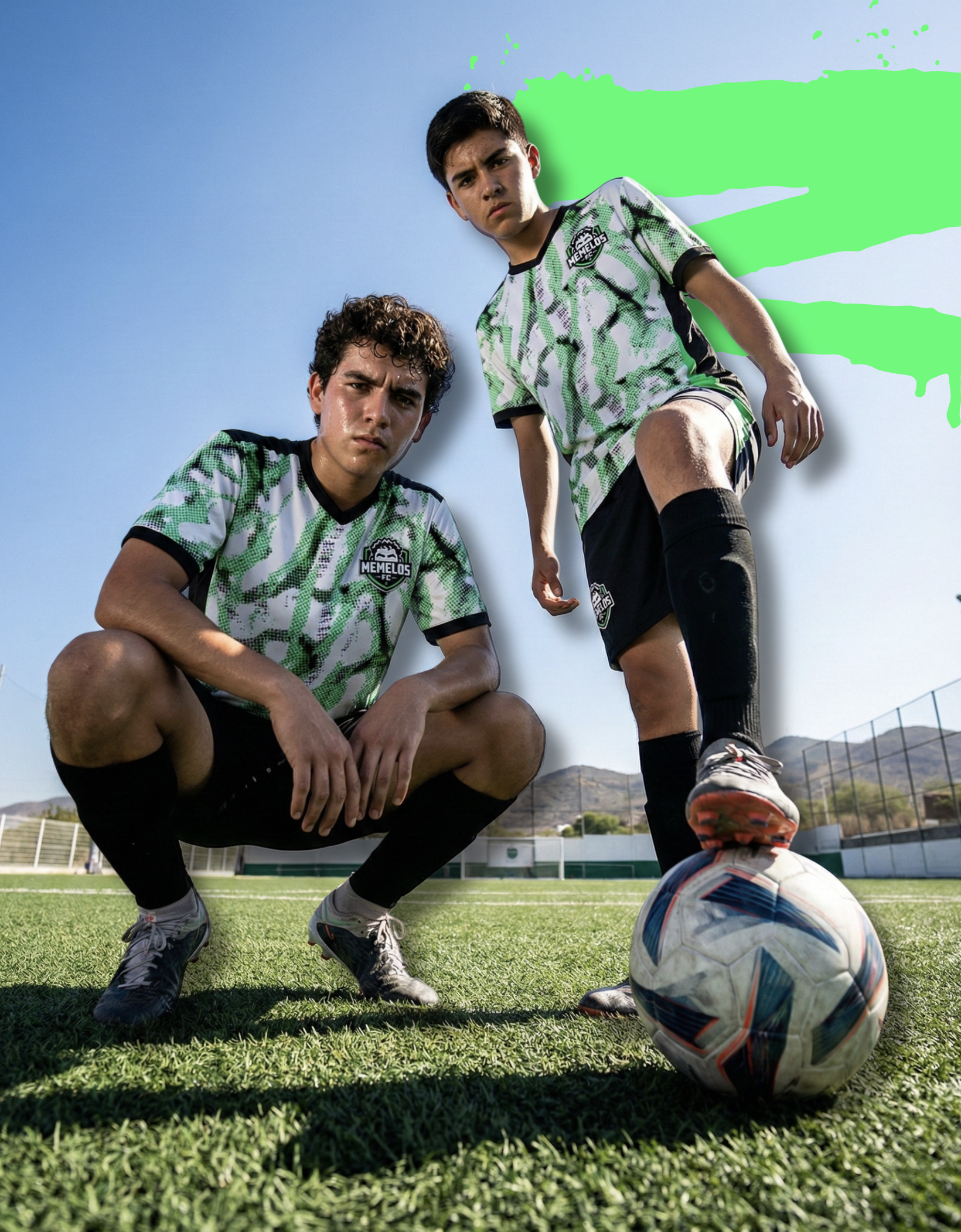 Two Memelos FC players on the pitch with a green brush-stroke graphic