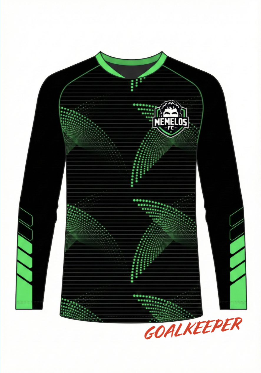 Memelos FC goalkeeper jersey, green on black