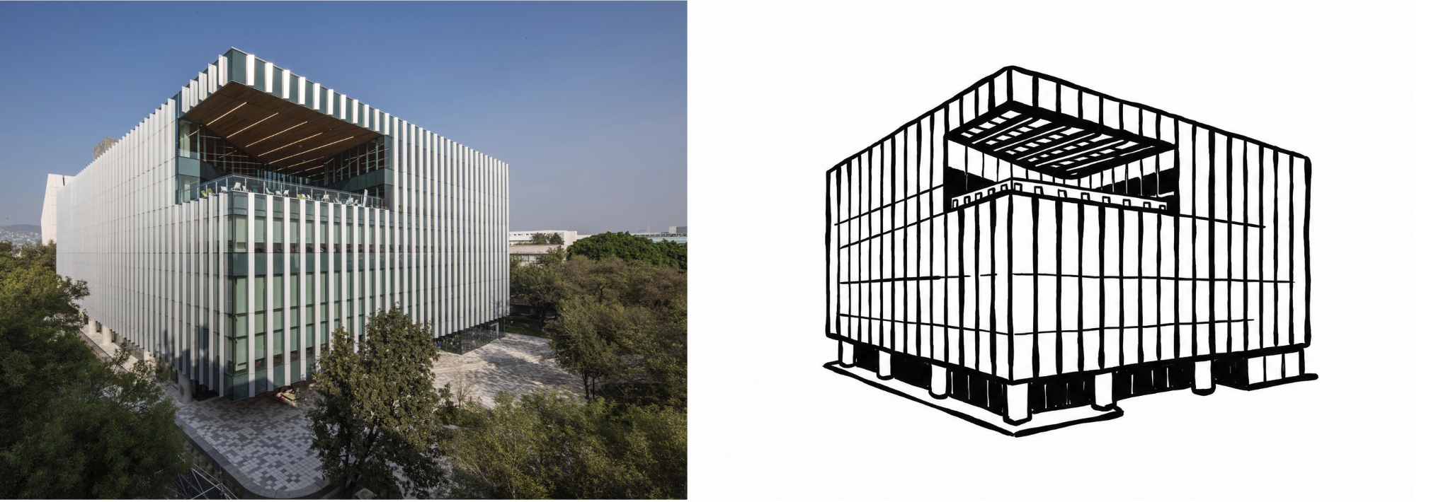 Tec campus building photograph translated into the Panem line-drawing style