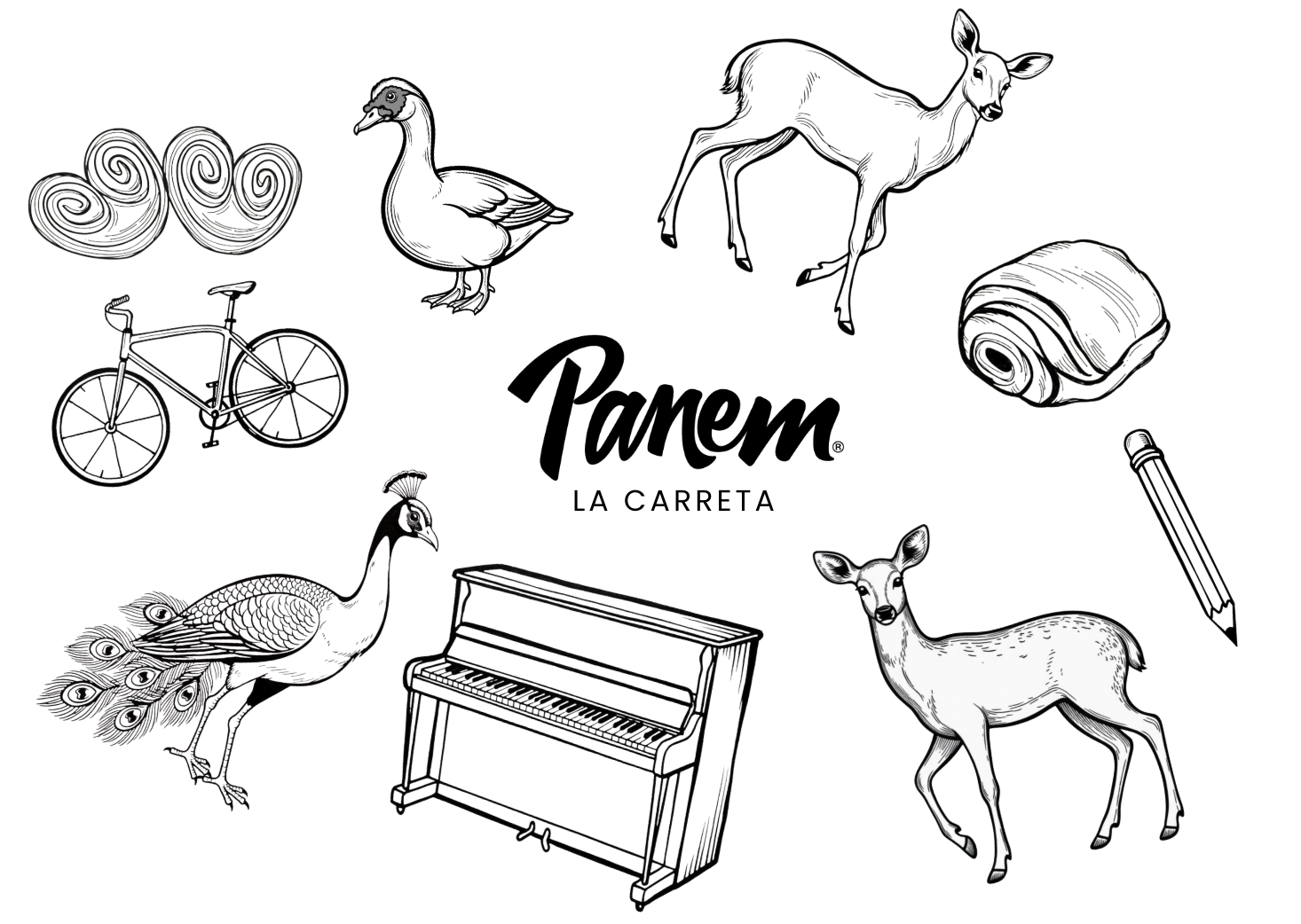 Panem La Carreta hand-drawn illustration system: peacock, deer, piano, bicycle and pastries