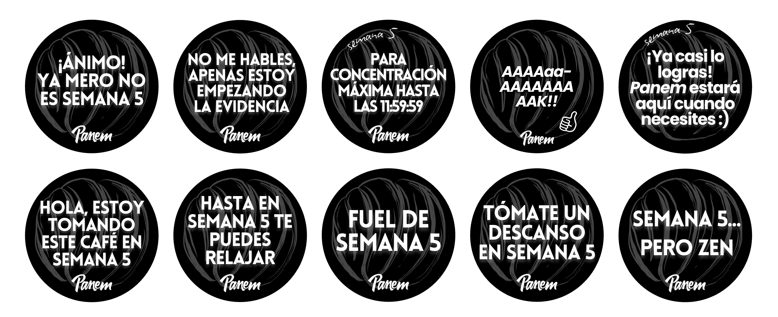 Grid of Panem cup sticker messages tuned to the exam-week calendar