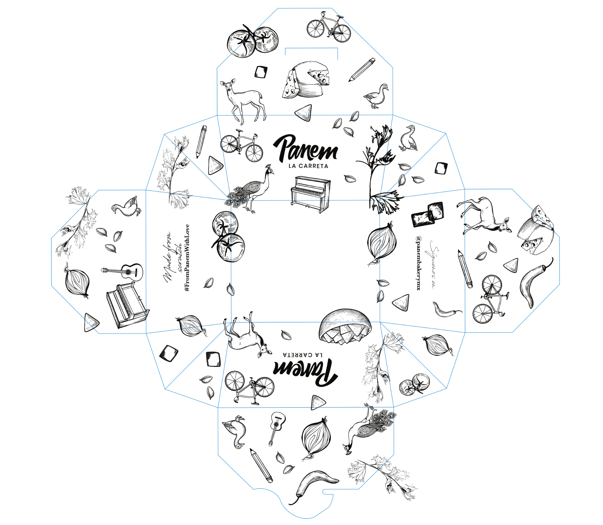 Flat die-line of the Panem takeout box covered in the illustration system